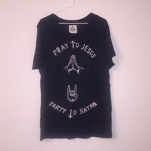 Unif Rare pray to Jesus party to Satan tee Large